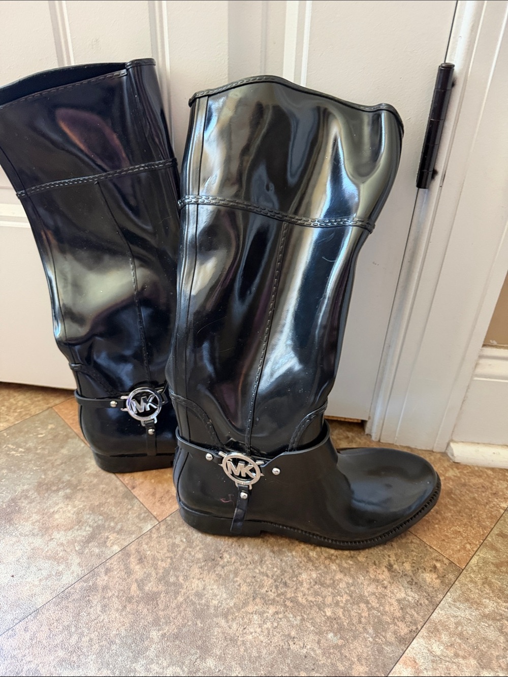 Michael Kors Black Patent Over-the-Knee Rain Boots with MK Logo
